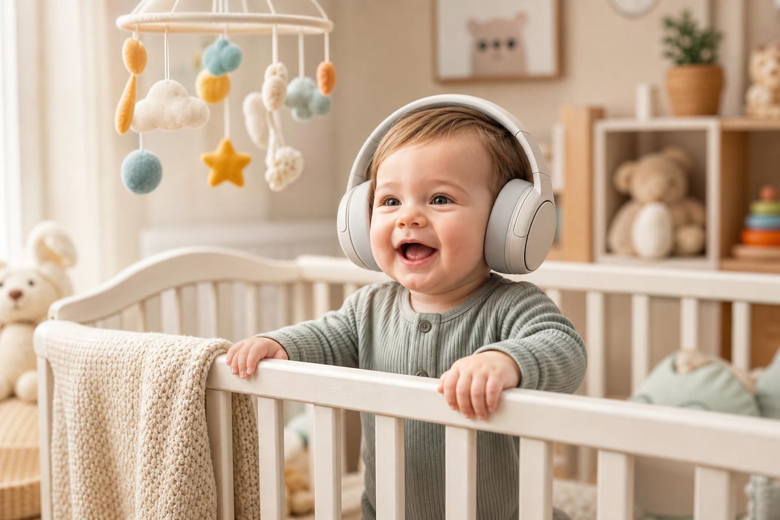 Bébé endormi dans un porte-bébé physiologique contre son parent, portant un casque antibruit à bandeau souple