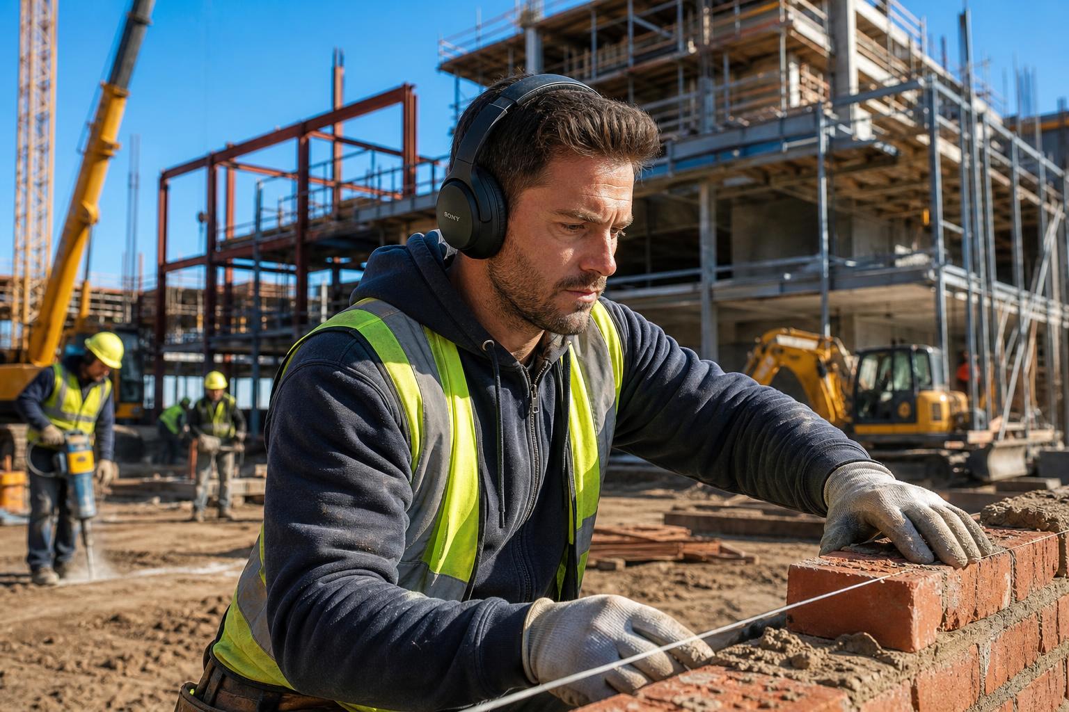 Ouvrier du BTP portant un casque antibruit de protection sur un chantier de construction