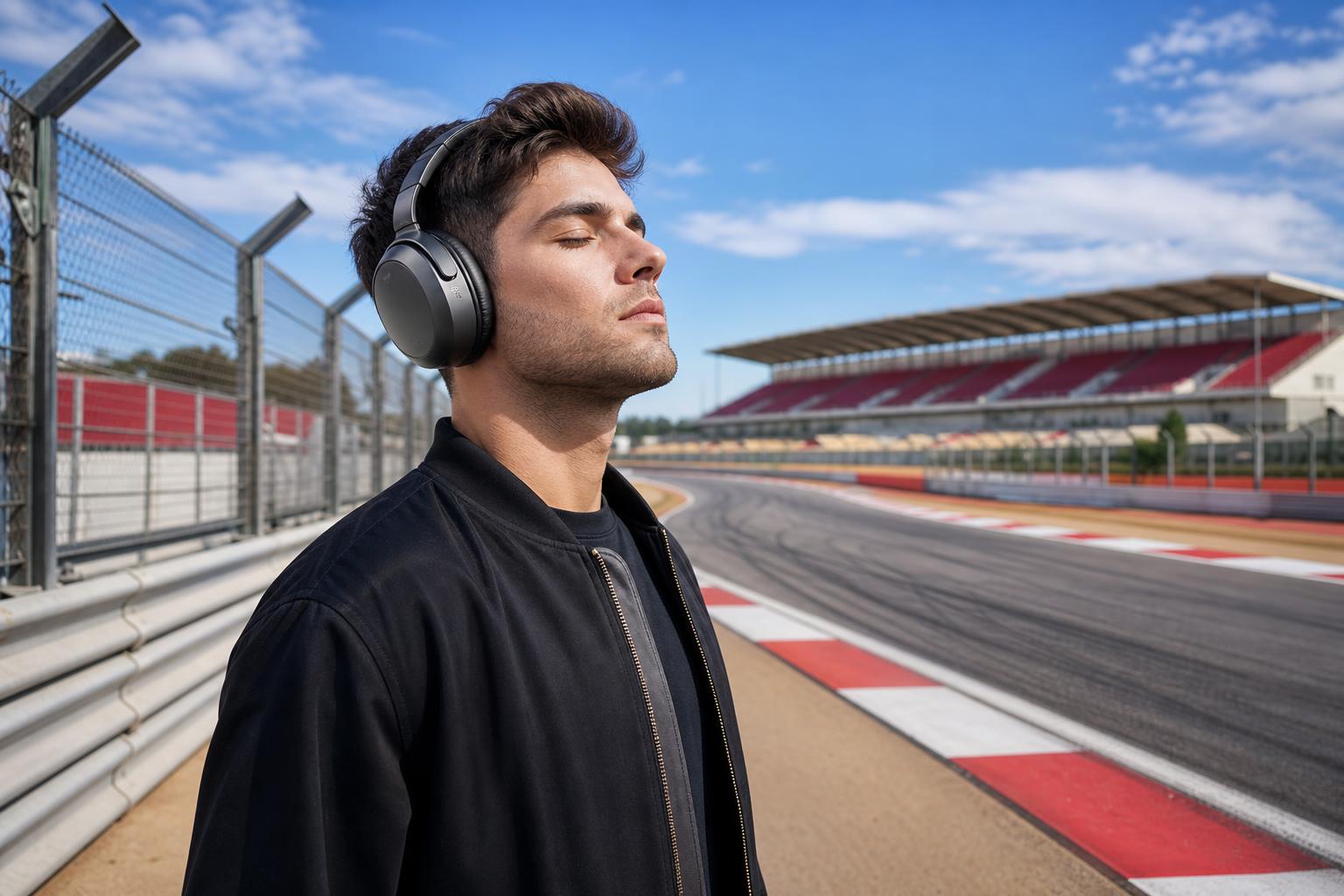 Spectateur dans les tribunes d'un circuit de Formule 1 portant un casque antibruit de protection
