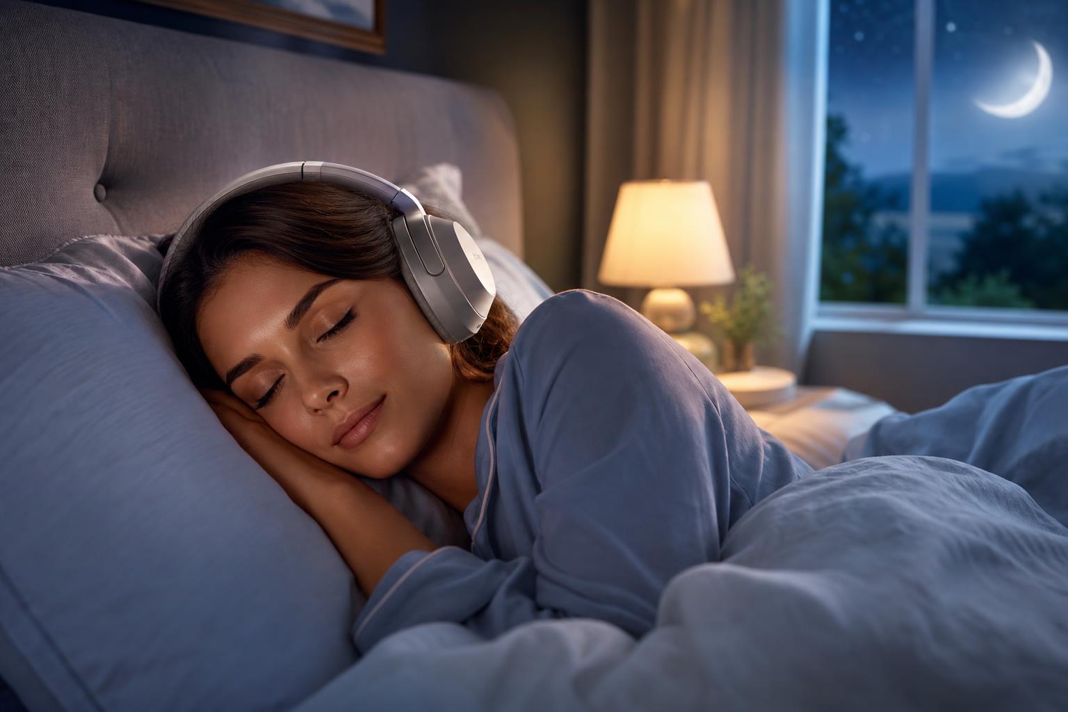 Personne qui dort paisiblement dans son lit en portant un bandeau ou casque antibruit souple pour le sommeil