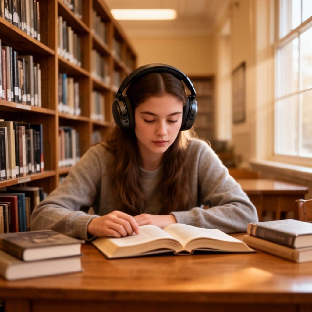 Jeune étudiante concentrée révisant à la bibliothèque avec un casque antibruit sur les oreilles